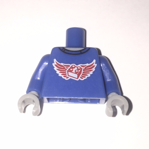 Visuel indicatif Rebrickable de Chemise torse avec ailes rouges et motif imprimé 2 x 2 brique, bras bleus, mains gris bleuté clair (Torso Shirt with Red Wings and 2 x 2 Brick Print, Blue Arms, Light Bluish Gray Hands)