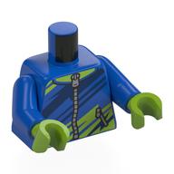 Visuel indicatif Rebrickable de Torse, sweat à capuche, rayures vert citron et bleu foncé, motif imprimé zippé argenté, bras bleus, mains vert citron (Torso, Hoody, Lime/Dark Blue Stripes, Silver Zipper Print, Blue Arms, Lime Hands)