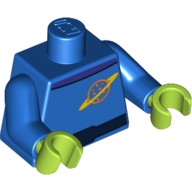Visuel indicatif Rebrickable de Costume d'espace de torse, ceinture bleu foncé, collier violet foncé, planète avec le motif imprimé de logo d'anneau, bras bleus, mains vert citron (Torso Space Suit, Dark Blue Belt, Dark Purple Collar, Planet with Ring Logo Print, Blue Arms, Lime Hands)