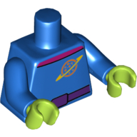 Visuel indicatif Rebrickable de Costume d'espace de torse, ceinture pourpre foncé, col magenta, planète avec motif imprimé de logo d'anneau, bras bleus, mains vert citron (Torso Space Suit, Dark Purple Belt, Magenta Collar, Planet with Ring Logo Print, Blue Arms, Lime Hands)
