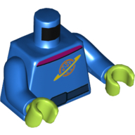 Costume d'espace de torse, ceinture bleu foncé, col magenta, planète avec motif imprimé de logo d'anneau, bras bleus, mains vert citron (Torso Space Suit, Dark Blue Belt, Magenta Collar, Planet with Ring Logo Print, Blue Arms, Lime Hands)
