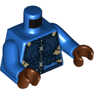 Visuel indicatif Rebrickable de Armure de torse, plaque de poitrine bleu foncé, sangles de beige, fermeture à glissière argentée et fermoirs motif imprimé, bras bleus, mains brun rougeâtre (Torso Armor, Dark Blue Chest Plate, Tan Straps, Silver Zipper and Clasps Print, Blue Arms, Reddish Brown Hands)