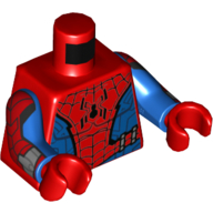 Visuel indicatif Rebrickable de Corps torse, sangles, araignée noire / rouge motif imprimé araignée, bras bleus avec sangle rouge et motif imprimé dispositif de poignet, mains rouges (Torso Bodysuit, Webbing, Black Spider / Red Spider Print, Blue Arms with Red Webbing and Wrist Device Print, Red Hands)