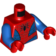 Torse Muscles, Côtés et taille bleus, Sangle, Araignée noire motif imprimé (Spider-Man), bras bleus, mains rouges (Torso Muscles, Blue Sides and Waist, Webbing, Black Spider Print (Spider-Man), Blue Arms, Red Hands)