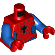 Visuel indicatif Rebrickable de Torse Muscles, côtés arrondis bleus et tour de taille, sangle, grand motif imprimé araignée noire (jambon araignée), bras bleus, mains rouges (Torso Muscles, Blue Rounded Sides and Waist, Webbing, Large Black Spider Print (Spider Ham), Blue Arms, Red Hands)