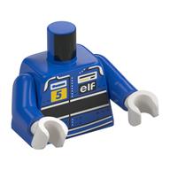 Visuel indicatif Rebrickable de Torse, combinaison de course, rayures blanches et noires, gigoteuse 5, motif : inscription 'elf', bras bleus, mains blanches (Torso, Racing Suit, White/Black Stripes, Yelloe 5, 'elf' Print, Blue Arms, White Hands)