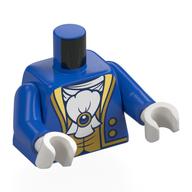 Visuel indicatif Rebrickable de Veste torse, garniture d'or, volants blancs, bijou, motif : gilet doré, bras bleus, mains blanches (Torso Jacket, Gold Trim, White Ruffles, Jewel, Gold Vest Print, Blue Arms, White Hands)