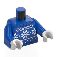 Torse, Pull tricoté, Motif flocon de neige blanc imprimé, bras bleus, mains blanches (Torso, Knitted Sweater, White Snowflakes Pattern Print, Blue Arms, White Hands)