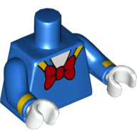 Visuel indicatif Rebrickable de Costume de marin torse, garniture de col jaune et grand noeud papillon rouge motif imprimé, bras bleus avec poignets jaunes motif imprimé, mains blanches (Torso Sailor Suit, Yellow Collar Trim and Large Red Bow Tie Print, Blue Arms with Yellow Cuffs Print, White Hands)