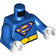 Visuel indicatif Rebrickable de Torse avec combinaison moulante, violet foncé et jaune vers l'arrière 'S' Superman Logo, et motif : ceinture jaune, bras bleus, mains blanches (Torso Bodysuit, Dark Purple and Yellow Backwards 'S' Superman Logo, and Yellow Belt Print, Blue Arms, White Hands)