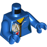 Visuel indicatif Rebrickable de Combinaison torse avec fermeture éclair, marquages blanc et or et logo de l'espace classique motif imprimé, bras et mains bleus (Torso Jumpsuit with Zipper, White and Gold Markings and Classic Space Logo Print, Blue Arms and Hands)