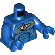 Torse or yeux et circuits, iris rouge, reflets azur foncé, lignes de muscle noir motif imprimé, bras et mains bleus (Torso Gold Eye and Circuitry, Red Iris, Dark Azure Highlights, Black Muscle Lines Print, Blue Arms and Hands)