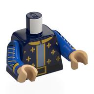 Visuel indicatif Rebrickable de Torse, tunique, or Garniture, décorations, collier, ceinture noire, chemise bleu sable, rayures argentées sur le motif imprimé bras, bras bleus, mains beige chaud (Torso, Tunic, Gold Trim, decorations, Collar, Black Belt, Sand Blue Shirt, Silver Stripes on Arms Print, Blue Arms, Warm Tan Hands)