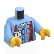 Visuel indicatif Rebrickable de Torse chemise, bretelles rouges, blanc ID Badge motif imprimé, bras bleu clair vif, mains jaunes (Torso Shirt, Red Suspenders, White ID Badge Print, Bright Light Blue Arms, Yellow Hands)