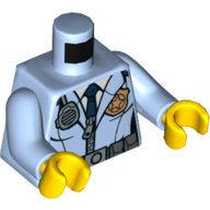 Visuel indicatif Rebrickable de Veste de police de torse avec fermeture à glissière, cravate bleu foncé, badge d'or, radio / 'POLICE' motif imprimé, bras bleu clair vif, mains jaunes (Torso Police Jacket with Zipper, Dark Blue Tie, Gold Badge, Radio /'POLICE' Print, Bright Light Blue Arms, Yellow Hands)