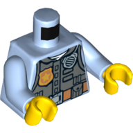 Visuel indicatif Rebrickable de Chemise de police de torse avec gilet gris bleuâtre foncé, badge d'or, ceinture Tan et motif imprimé blanc 'POLICE' sur le dos, bras bleu clair vif, mains jaunes (Torso Police Shirt with Dark Bluish Gray Vest, Gold Badge, Tan Belt and White 'POLICE' Print on Back, Bright Light Blue Arms, Yellow Hands)