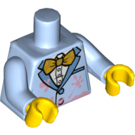 Visuel indicatif Rebrickable de Torse veste, taches de gâteau, nœud papillon doré, motif : chemise blanche, bras bleu clair vif, mains jaunes (Torso Jacket, Cake Stains, Gold Bow Tie, White Shirt Print, Bright Light Blue Arms, Yellow Hands)