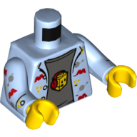 Visuel indicatif Rebrickable de Chemise de torse avec des logos de thème de l'espace et t-chemise gris bleuté foncé imprimé, bras bleu clair vif avec des logos de thèmes de l'espace imprimé, mains jaunes (Torso Shirt with Space Theme Logos and Dark Bluish Gray T-Shirt Print, Bright Light Blue Arms with Space Themes Logos Print, Yellow Hands)