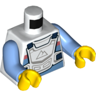 Visuel indicatif Rebrickable de Chemise torse, rayures bleu clair vif et corail, protection de poitrine blanche avec logo de montagne imprimé, bras bleu clair vif, mains jaunes (Torso Shirt, Bright Light Blue and Coral Stripes, White Chest Protector with Mountain Logo Print, Bright Light Blue Arms, Yellow Hands)