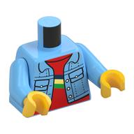 Veste torse, Denim avec poches, ouvert sur un sous-chemise rouge avec motif imprimé bleu, jaune et vert rayé, bras bleu clair vif, mains jaunes (Torso Jacket, Denim with Pockets, Open over Red Undershirt with Blue, Yellow, and Green Stripe Print, Bright Light Blue Arms, Yellow Hands)