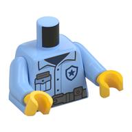 Torse, uniforme de police, symbole étoile bleu foncé, poches, motif imprimé ceinture gris bleu foncé, bras bleu clair vif, mains jaunes (Torso, Police Uniform, Dark Blue Star Symbol, Pockets, Dark Bluish Grey Belt Print, Bright Light Blue Arms, Yellow Hands)