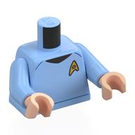 Torse, uniforme de la flotte d'étoiles, motif imprimé badge or, bras bleu clair vif, mains nougat clair (Torso, Star Fleet Uniform, Gold Badge Print, Bright Light Blue Arms, Light Nougat Hands)
