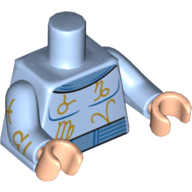 Visuel indicatif Rebrickable de Corps torse, Symboles du zodiaque dorés, Motif imprimé collier et ceinture bleu moyen, Bras bleu clair brillant avec motif imprimé signes du zodiaque dorés, Mains nougat clair (Torso Bodysuit, Gold Zodiac Symbols, Medium Blue Collar and Belt Print, Bright Light Blue Arms with Gold Zodiac Signs Print, Light Nougat Hands)