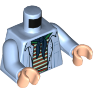 Visuel indicatif Rebrickable de Chemise ouverte torse, foulard bleu, rouge, vert et blanc rayé chemise motif imprimé, bras bleu clair vif, mains nougat clair (Torso Open Shirt, Blue Neckerchief, Red, Green, and White Striped Shirt Print, Bright Light Blue Arms, Light Nougat Hands)