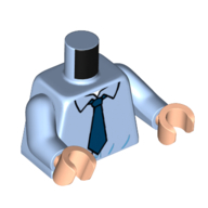 Visuel indicatif Rebrickable de Torse, chemise, motif imprimé cravate bleu foncé, bras bleu clair vif, mains nougat clair (Torso, Shirt, Dark Blue Tie Print, Bright Light Blue Arms, Light Nougat Hands)