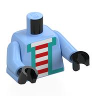 Torse, veste pixélisée, bord turquoise foncé, chemise rayée blanche / rouge imprimé, bras bleu clair vif, mains noires (Torso, Pixelated Jacket, Dark Turquoise Trim, White/Red Striped Shirt Print, Bright Light Blue Arms, Black Hands)