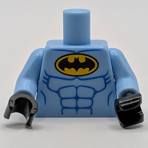 Visuel indicatif Rebrickable de Logo Batman torse en ovale jaune avec motif imprimé de muscles bleus, bras bleu clair vif, mains noires (Torso Batman Logo in Yellow Oval with Blue Muscles Print, Bright Light Blue Arms, Black Hands)