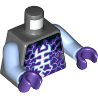 Torse, blanc et lumineux symbole rogul bleu clair et éclair sur motif imprimé violet foncé et noir, bras bleu clair vif, mains pourpre foncé (Torso, White and Bright Light Blue Rogul Symbol and Lightning over Dark Purple and Black Print, Bright Light Blue Arms, Dark Purple Hands)