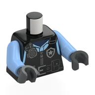 Torse, Gilet de police, ceinture utilitaire, Badge de police argenté, Motif imprimé radio, bras bleu clair vif, mains gris bleuté foncé (Torso, Police Vest, Utility Belt, Silver Police Badge, Radio Print, Bright Light Blue Arms, Dark Bluish Gray Hands)