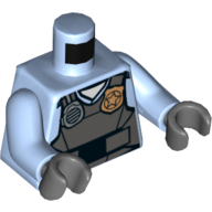 Visuel indicatif Rebrickable de Torse, chemise de police avec gilet gris bleuté foncé, badge or, radio et motif imprimé 'POLICE' au dos motif imprimé, bras bleu clair vif, mains gris bleuté foncé (Torso, Police Shirt with Dark Bluish Gray Vest, Gold Badge, Radio and 'POLICE' Print on Back Print, Bright Light Blue Arms, Dark Bluish Gray Hands)