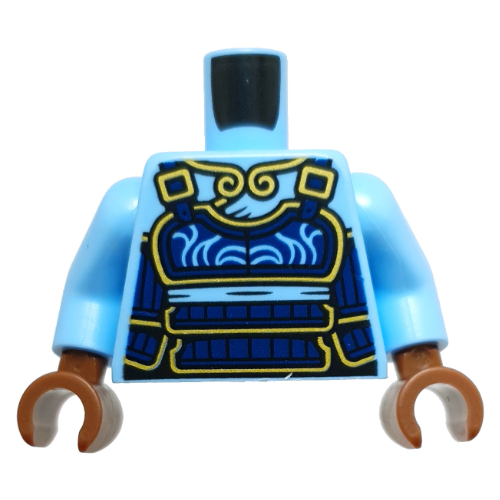Torse, armure de samouraï bleu foncé, motif imprimé or, bras bleu clair vif, mains brun rougeâtre (Torso, Dark Blue Samurai Armor, Gold Trim Print, Bright Light Blue Arms, Reddish Brown Hands)