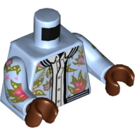 Visuel indicatif Rebrickable de Veste torse letterman avec motif floral, ouvert sur chemise blanche avec des boutons imprimés motif, bras bleu clair vif, mains brun rougeâtre (Torso Letterman Jacket with Floral Design, Open over White Shirt with Buttons Print, Bright Light Blue Arms, Reddish Brown Hands)