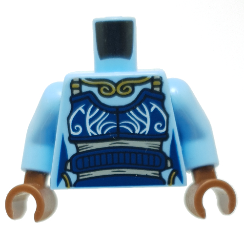 Torse tunique, tablier bleu foncé, motif imprimé collier or, bras bleu clair vif, mains brun rougeâtre (Torso Tunic, Dark Blue Apron, Gold Necklace Print, Bright Light Blue Arms, Reddish Brown Hands)