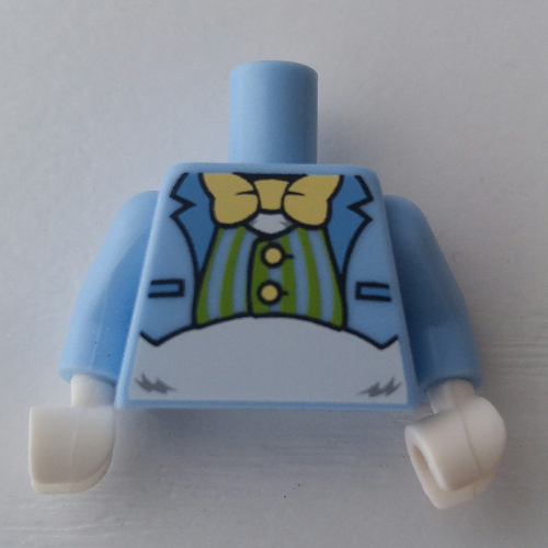 Visuel indicatif Rebrickable de Veste torse, gilet vert citron, motif : nœud papillon, bras bleu clair vif, mains blanches (Torso Jacket, Lime Vest, Bow Tie Print, Bright Light Blue Arms, White Hands)