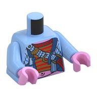 Torse, veste avec sangle, chemise à rayures dorées / rouges, motif imprimé estomac rose vif, bras bleu clair vif, mains rose vif (Torso, Jacket with Strap, Gold/Red Stripes Shirt, Bright Pink Stomach Print, Bright Light Blue Arms, Bright Pink Hands)