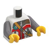 Visuel indicatif Rebrickable de Torse, veste, fermeture à glissière, formes gris/rouge clair, cercle turquoise foncé avec blanc '1', motif imprimé bracelet jaune, bras argent mat, mains jaunes (Torso, Jacket, Zipper, Light Bluish Grey/Red Shapes, Dark Turquoise Circle with White '1', Yellow Strap Print, Flat Silver Arms, Yellow Hands)