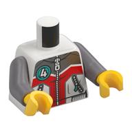 Visuel indicatif Rebrickable de Torse, veste, fermeture à glissière, gris clair/rouge, cercle turquoise foncé avec motif imprimé blanc '4', bras argent mat, mains jaunes (Torso, Jacket, Zipper, Light Bluish Grey/Red Shapes, Dark Turquoise Circle with White '4' Print, Flat Silver Arms, Yellow Hands)