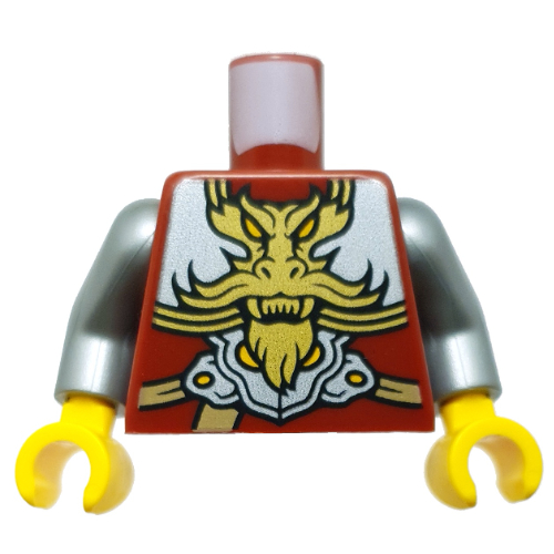Visuel indicatif Rebrickable de Torse, armure argentée, sangles de nougat, motif imprimé de dragon d'or, bras argent mat, mains jaunes (Torso, Silver Armor, Nougat Straps, Gold Dragon Print, Flat Silver Arms, Yellow Hands)