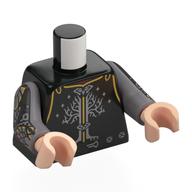 Torse, armure, lignes d'or, arbre d'argent, modèle imprimé décorations de bras, bras argent mat, mains nougat clair (Torso, Armor, Gold Lines, Silver Tree, Arm Decorations Print, Flat Silver Arms, Light Nougat Hands)