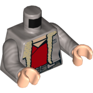 Visuel indicatif Rebrickable de Manteau de torse avec garniture de fourrure beige sur le maillot de corps rouge, motif imprimé à la ceinture, bras argent mat, mains nougat clair (Torso Coat with Tan Fur Trim over Red Undershirt, Belt Print, Flat Silver Arms, Light Nougat Hands)