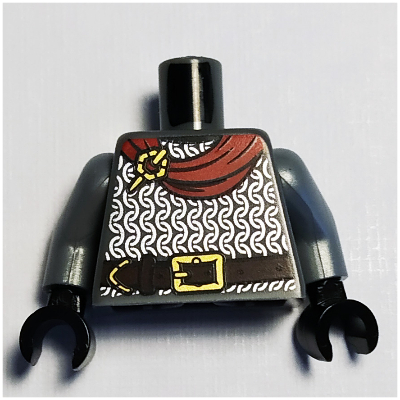 Visuel indicatif Rebrickable de Armure de torse, cotte de mailles argentée, ceinture marron foncé / cape rouge foncé avec blason en faucon imprimé, bras argent mat, mains noires (Torso Armor, Silver Chainmail, Dark Brown Belt / Dark Red Cape with Falcon Coat of Arms Print, Flat Silver Arms, Black Hands)