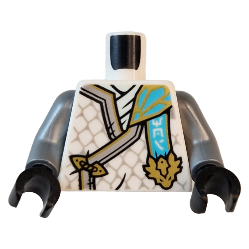 Torse, robes de ninja, garniture d'argent, écailles, bannière azur moyen, motif imprimé tête de dragon or, bras argent mat, mains noires (Torso, Ninja Robes, Silver Trim, Scales, Medium Azure Banner, Gold Dragon Head Print, Flat Silver Arms, Black Hands)