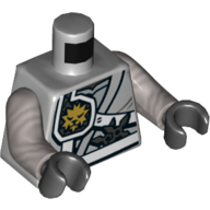 Visuel indicatif Rebrickable de Protection d'épaule de torse avec sangles blanches et emblème de lion d'or sur des robes, Shurikens dans le modèle imprimé de ceinture, bras argent mat, mains noires (Torso Shoulder Protection with White Straps and Gold Lion Emblem over Robes, Shurikens in Belt Print, Flat Silver Arms, Black Hands)