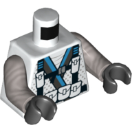 Visuel indicatif Rebrickable de Robe torse à rayures bleues et pochettes, bretelles et sac à dos motif imprimé (Zane), bras argent mat, mains noires (Torso Robe with Blue Stripe and Pouches, Straps and Backpack Print (Zane), Flat Silver Arms, Black Hands)