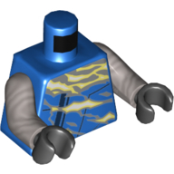 Visuel indicatif Rebrickable de Robe torse, bord bleu foncé, blanc/gris clair Flammes motif imprimé, bras argent mat, mains noires (Torso Robe, Dark Blue Trim, White/Light Bluish Gray Flames Print, Flat Silver Arms, Black Hands)