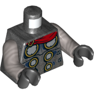 Armure de torse avec anneaux en or et motif imprimé cape End rouge (Thor), bras argent mat, mains noires (Torso Armor with Gold Rings and Red Cape End Print (Thor), Flat Silver Arms, Black Hands)